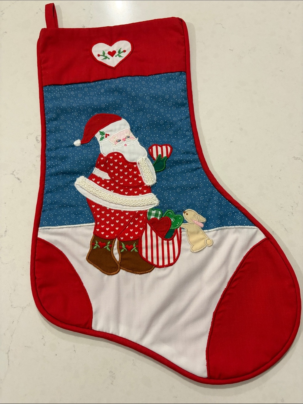 Vintage House of Hatten Applique Christmas Stocking Santa Heart